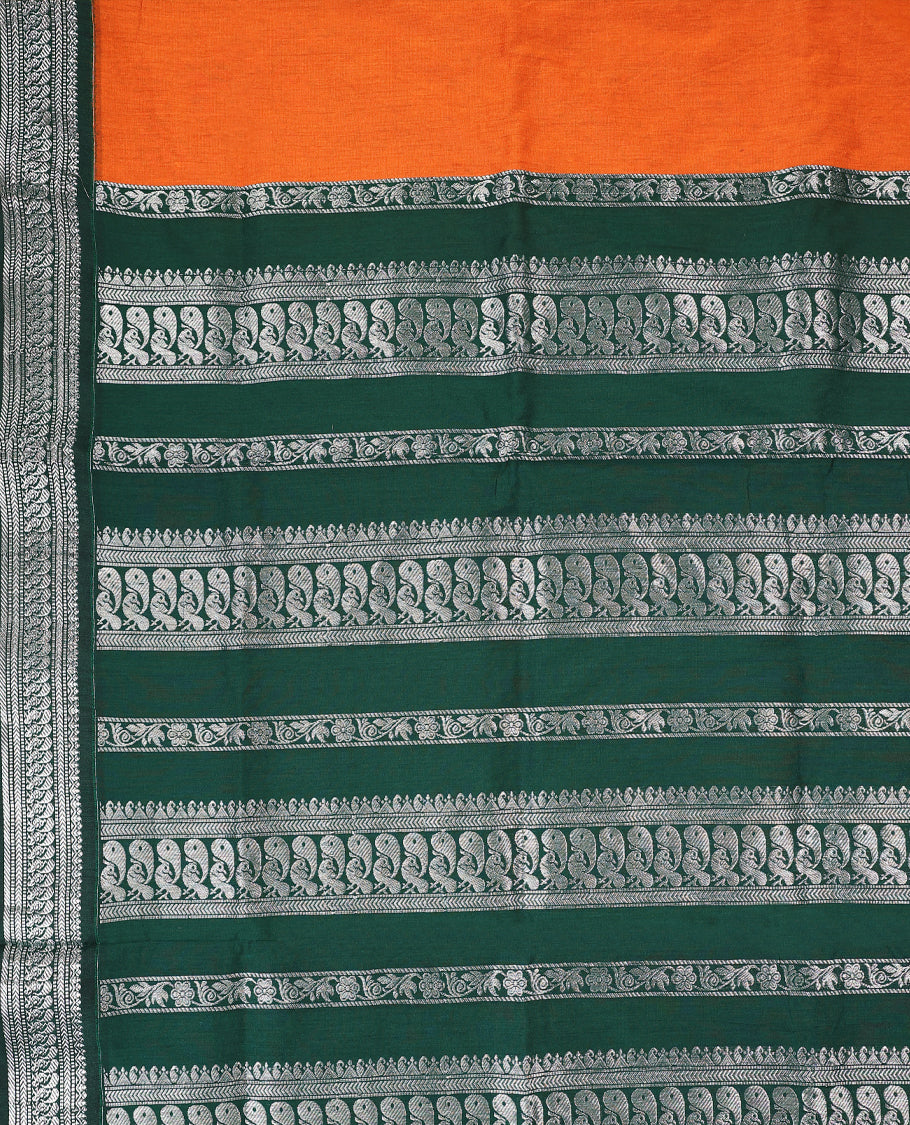 Rust Orange colour mixed Kalyani cotton saree featuring Plain body, paired with Bottle Green colour traditional border and pallu, with matching blouse