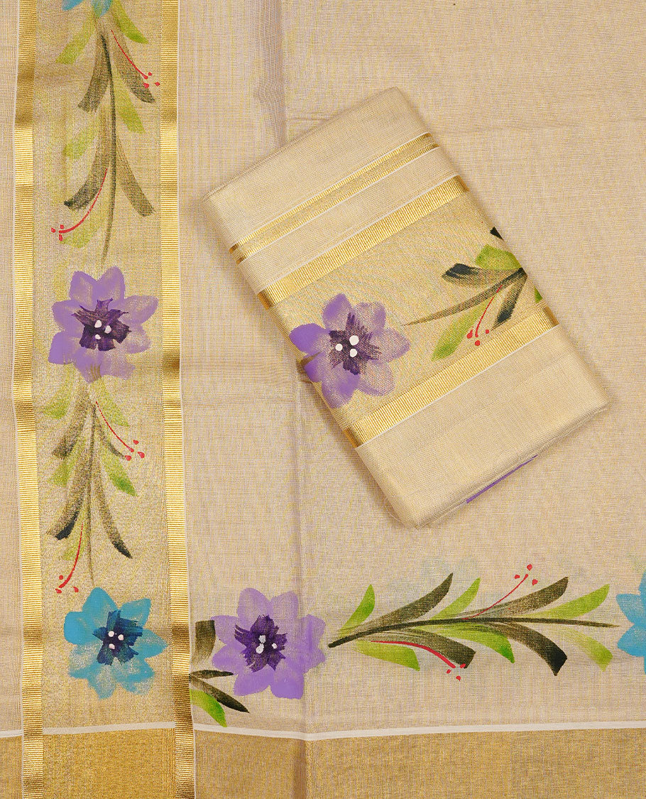 Cream colour Tissue silk set mund Featuring Elegant plain body, Complemented by Floral print with zari border.