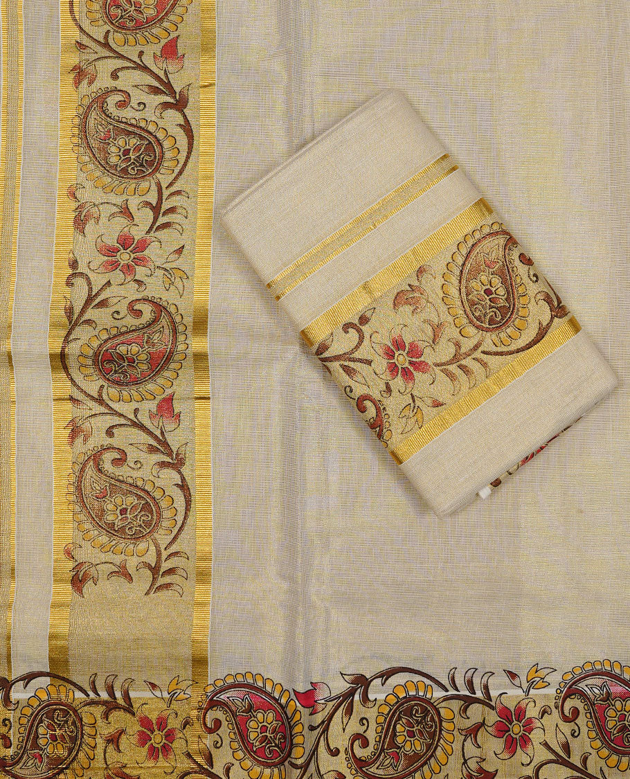 Golden colour Tissue silk set mundu features a plain body accented by a Floral Kodi print on gold zari border.