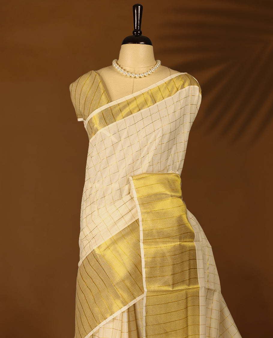 Kerala cotton saree with fine golden Checks and 5 Inch Golden border with Matching Blouse