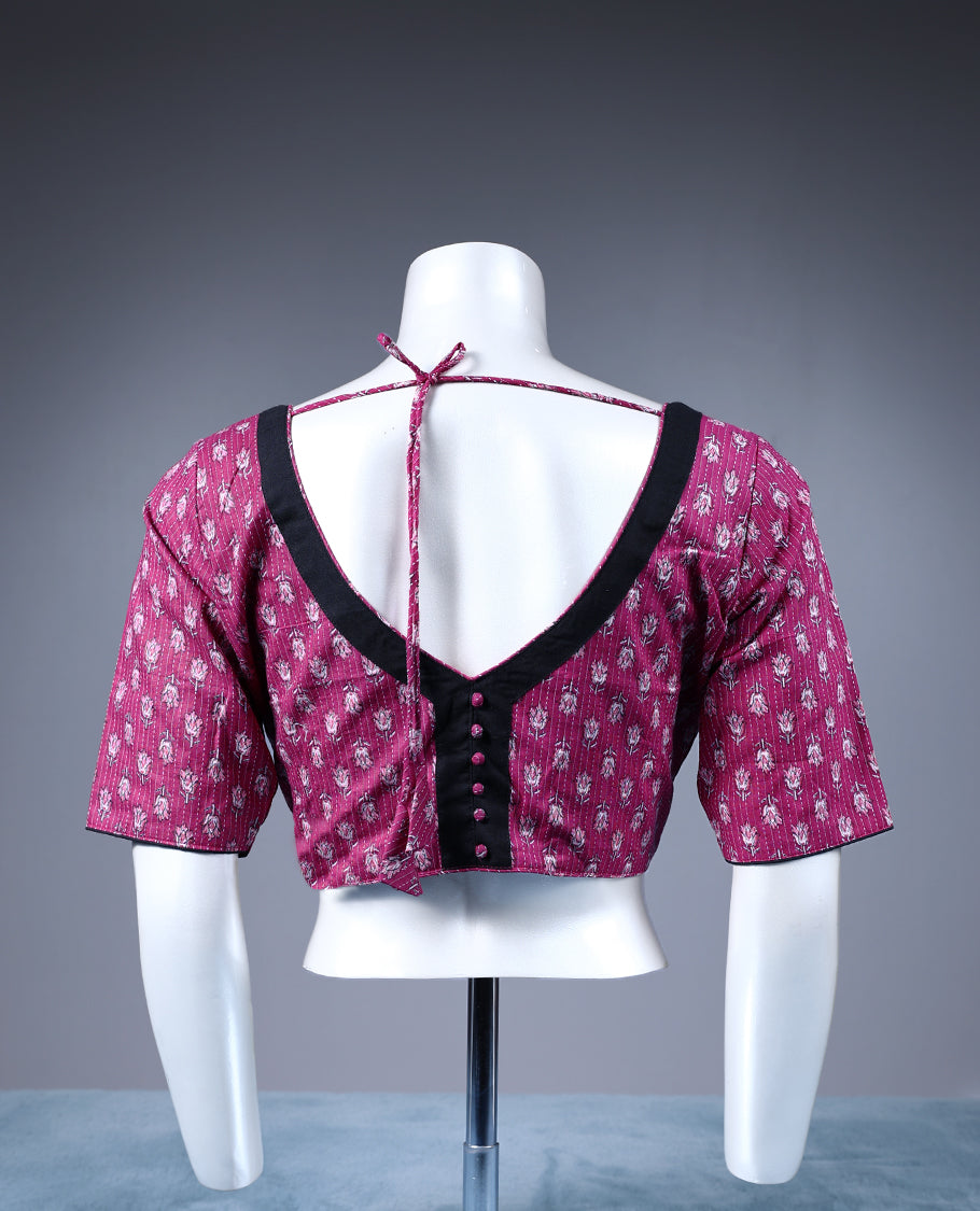 Light Grape Colour Flower Print, Curved V Neck, 2/4th Sleeves, Padded, Ready Made Blouse.