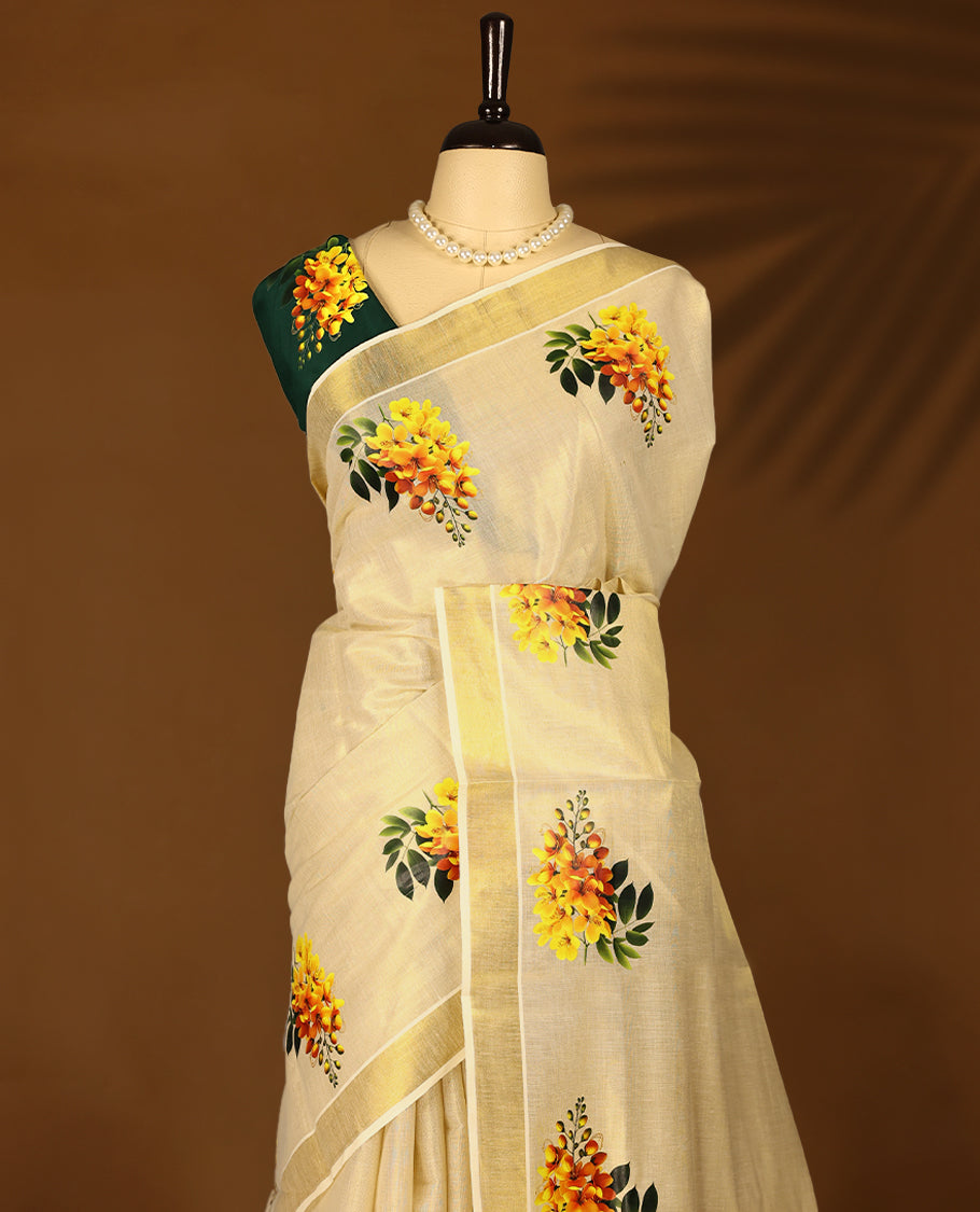 Kerala tissue saree with bright yellow floral Digital Prints and a soft golden Border with Contrast Blouse