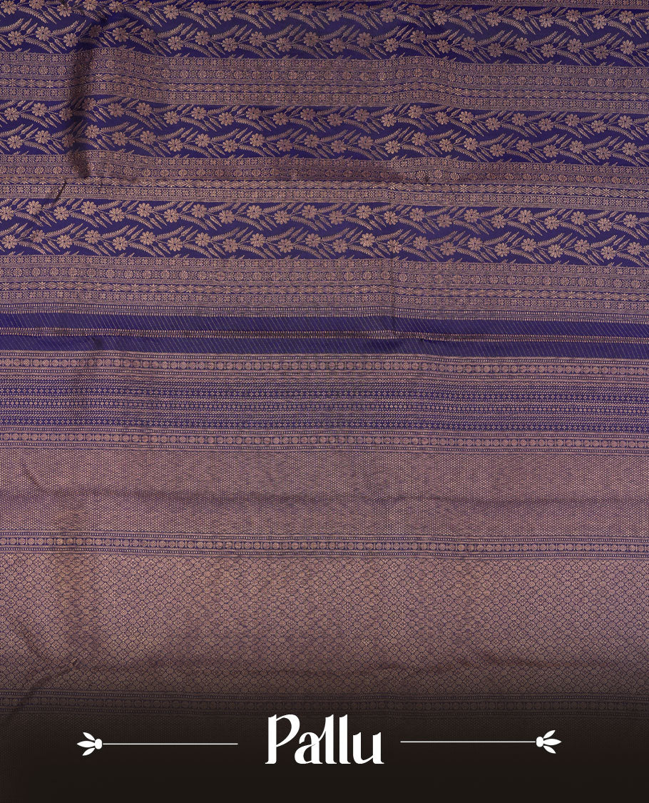 Dark violet colour Kanchipuram pattern Manthrakodi saree adorned with intricate geometrical zari floral weaving, complemented by an antique traditional zari border and a plain blouse piece with matching zari border.