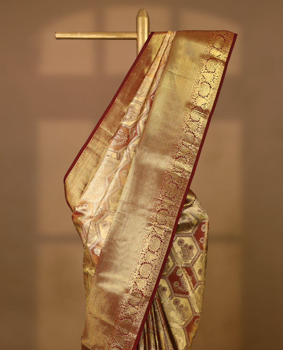 Golden Colour Pure Tissue Wedding Saree having Zari Worked Body with Dark Maroon Brocade Border and Blouse