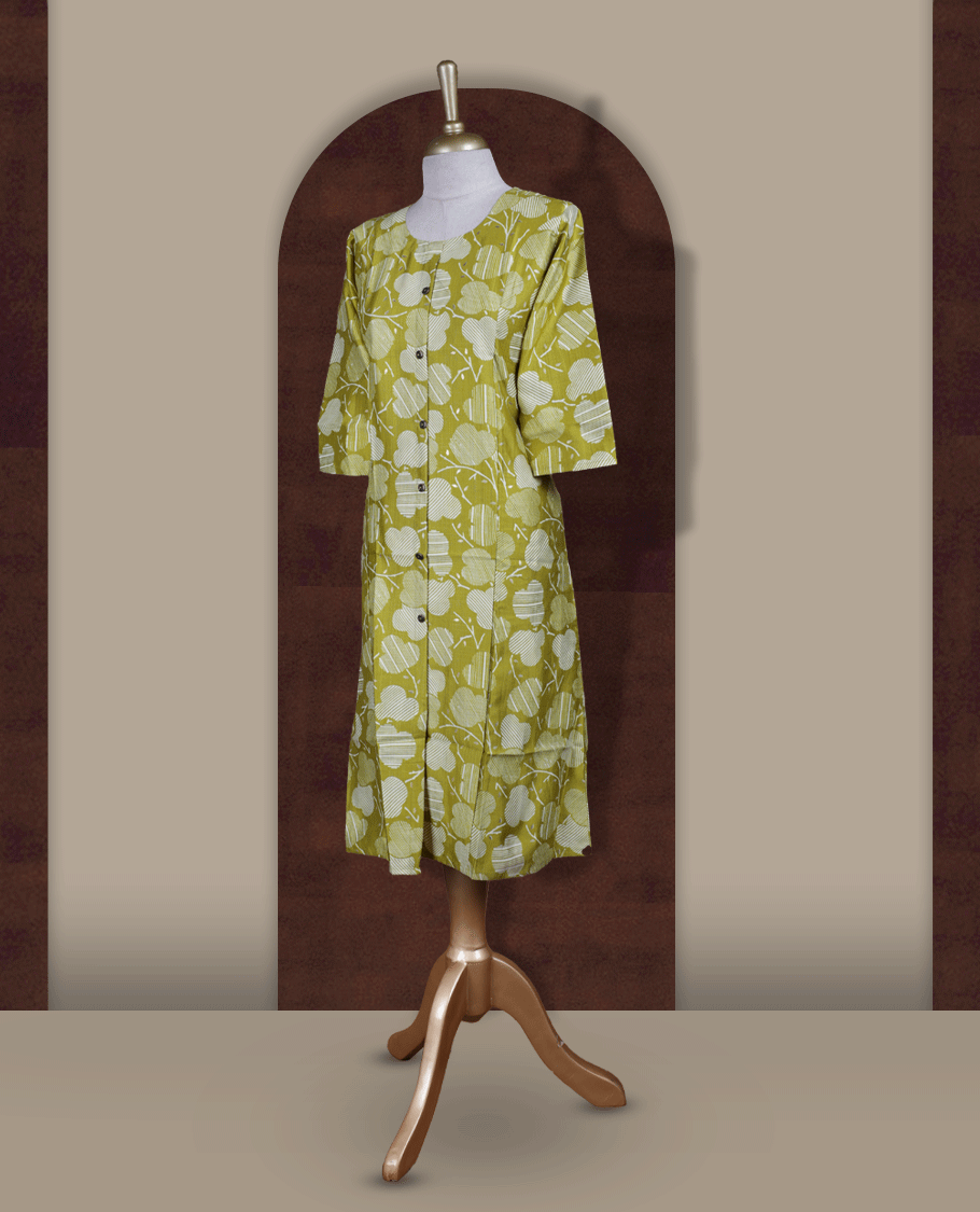 Lemon green colour kurthi with off white floral prints, crafted from soft cotton for a breezy and elegant look & Features a round neckline, 3/4th sleeves, and a button down front.