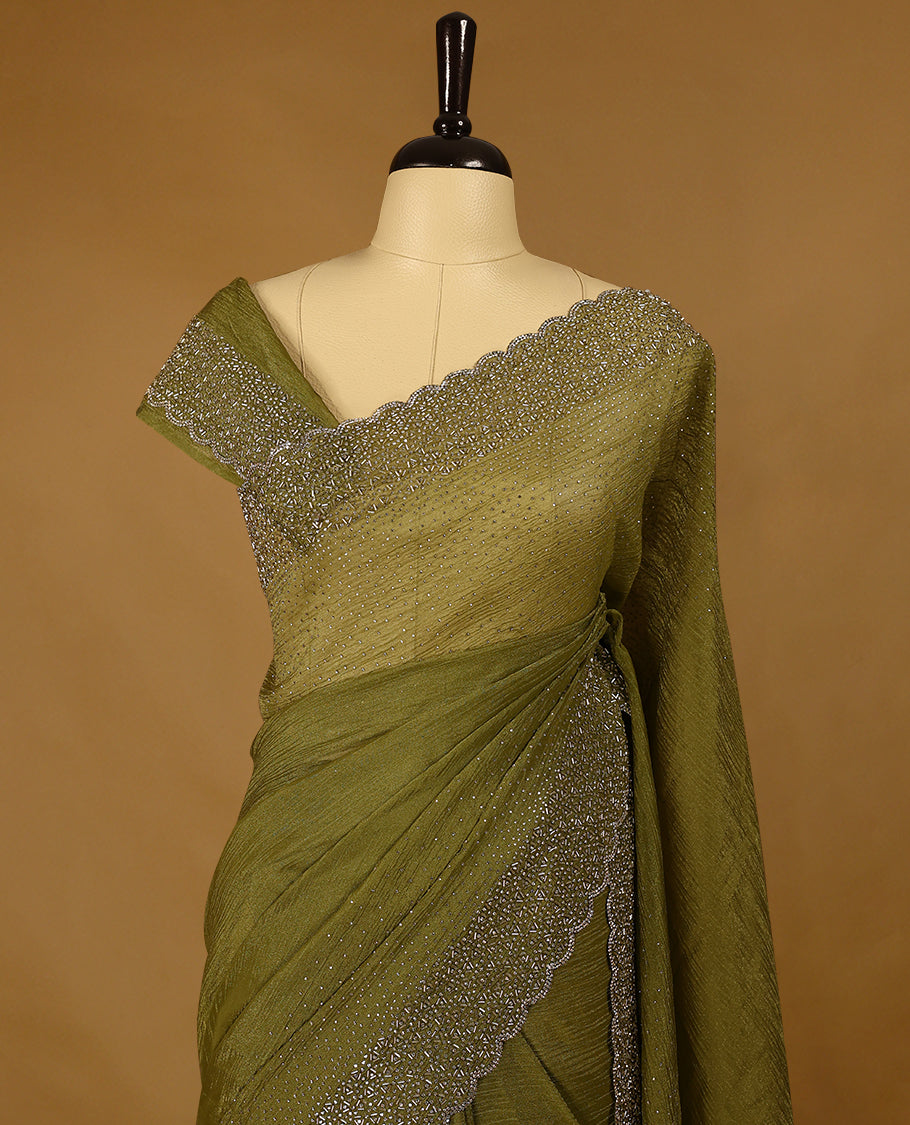 Mehandi Colour Designer Saree having Beads and Stone Worked Body with Border and Blouse