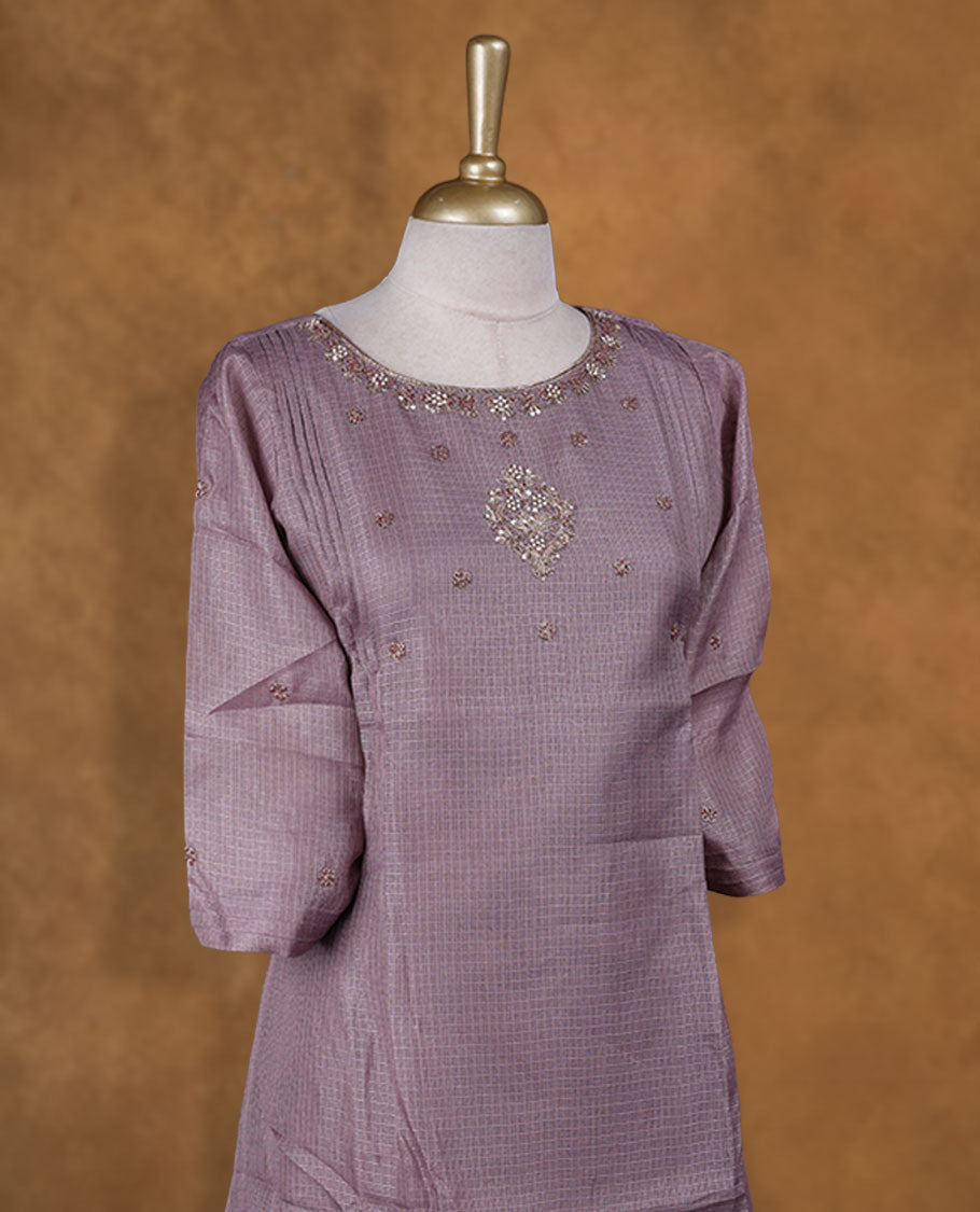 Dusty lavender colour kurti with gold colour thread & beats floral thread pattern, knee length design, styled with a Round neckline and a sleeve .