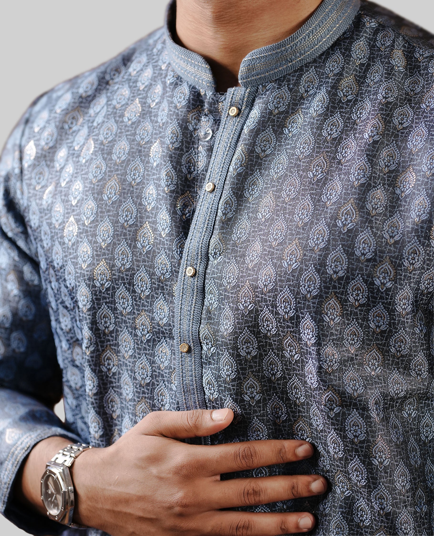 Glaucous colour men's kurta featuring elegant gold thread work on the body, complemented by full sleeves for a refined and festive look, comes with bottom.