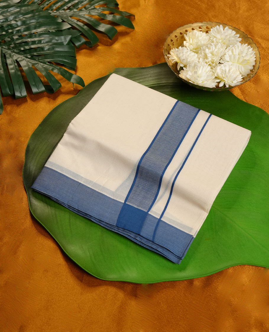 White Colour RAMRAJ Pure Cotton double Dhoti with Blue Colour Border for Men