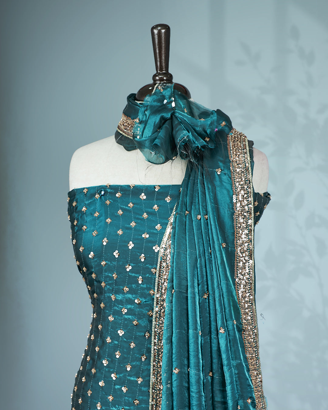 Teal colour salwar material with Cut beats & sequins work on body, Matching Bottom & dupatta.