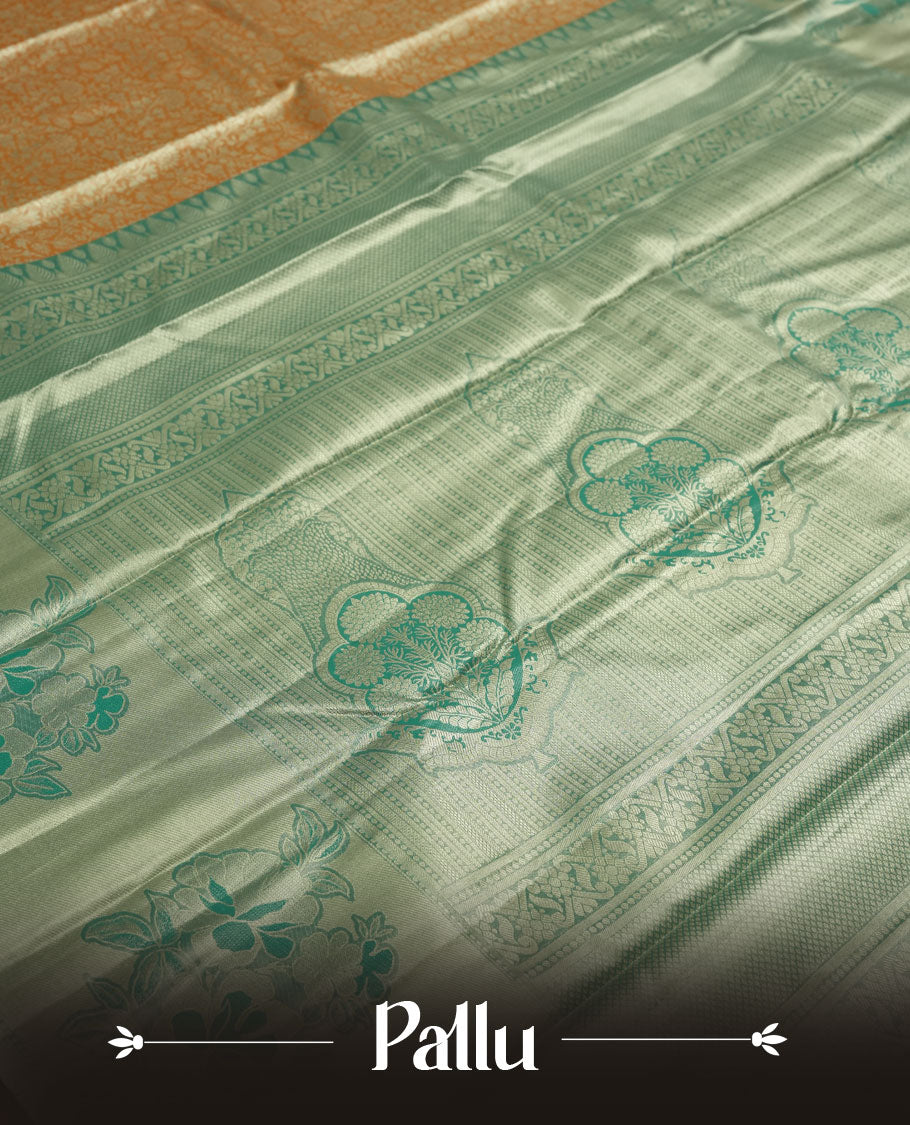 Mustrad orange colour and Antique gold Zari Tissue Brocade Saree features intricate floral Motifs on body and pastel green colour fancy border & pallu with floral patterns, paired with matching blouse