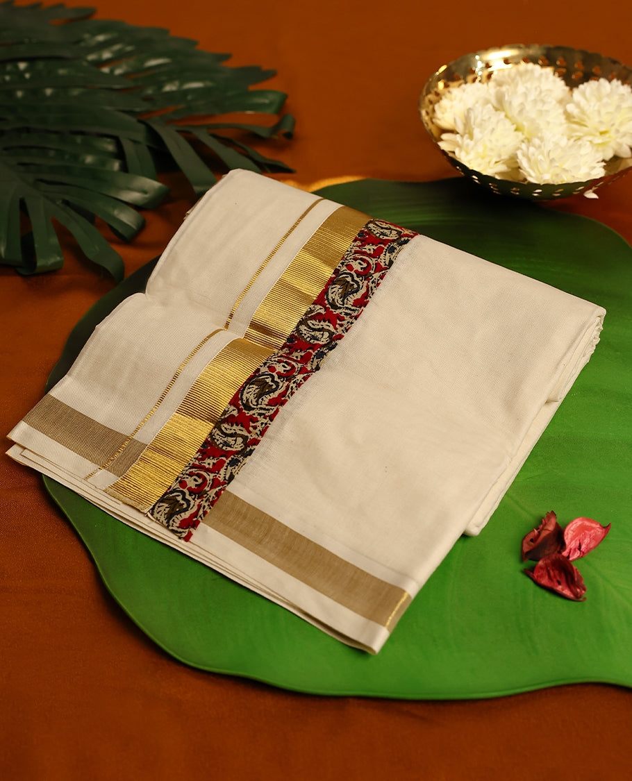 Light ivory Colour cotton double dhoti having Gold with Multi Colour Ajrakh kara, crafted for traditional elegance & comfort, for men.