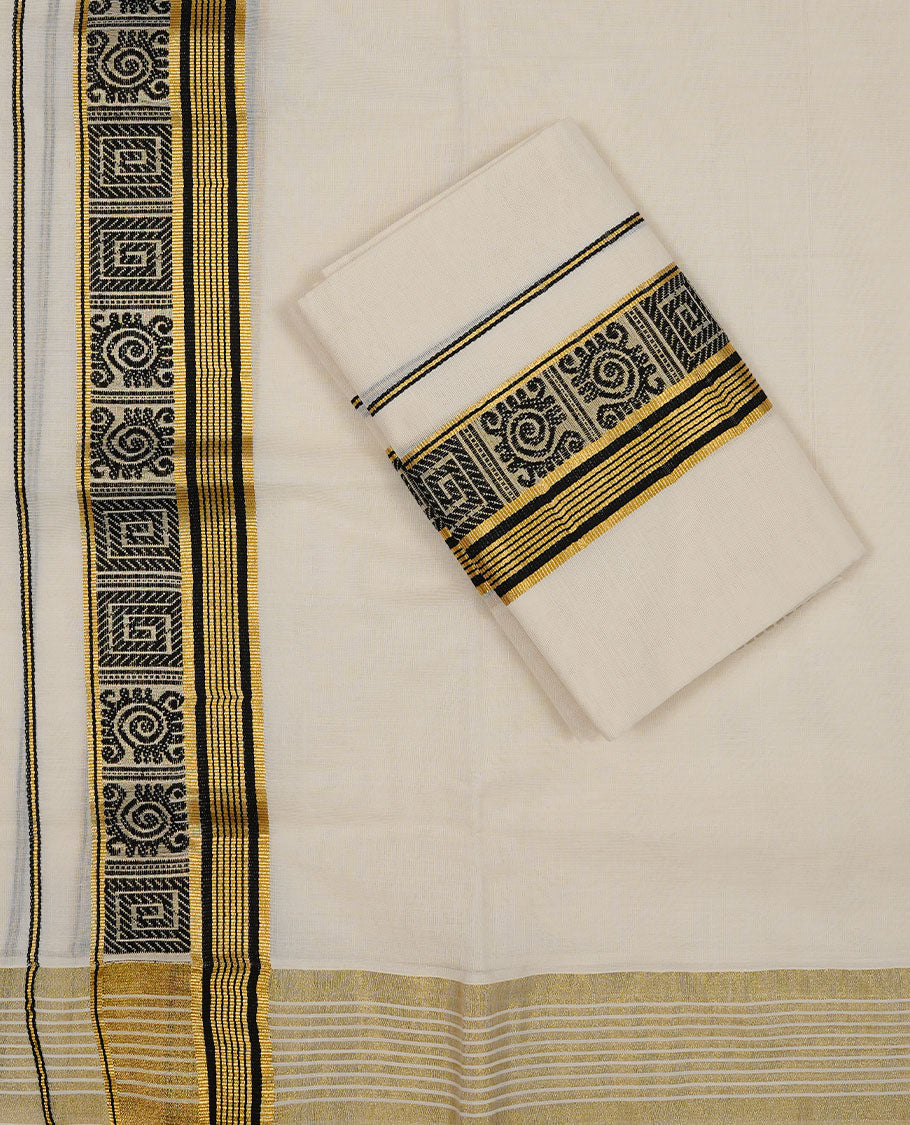 Off white colour Cotton Set Mund featuring a plain body, enhanced by a traditional black woven border with geometric motifs and gold zari stripes.
