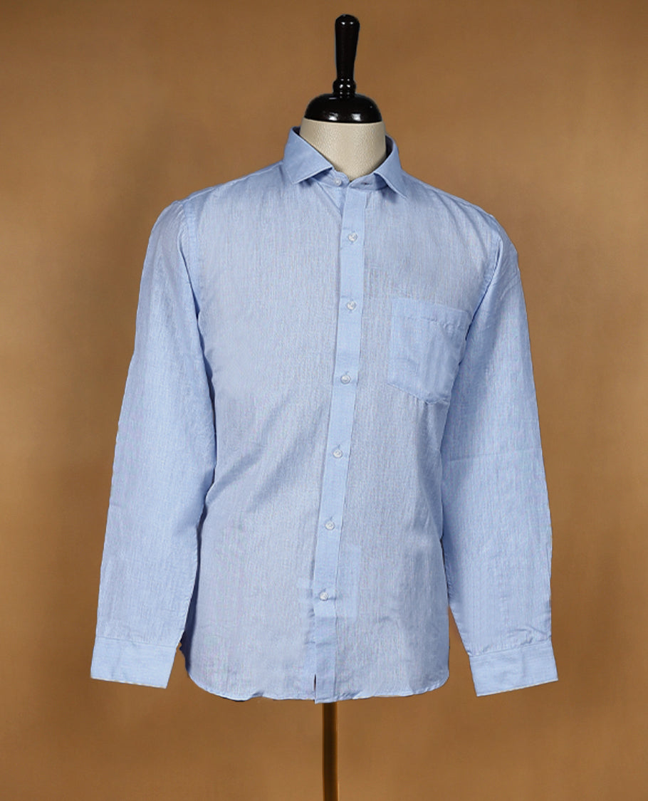 Sky blue Pcolour men's formal shirt, crafted with a soft textured finish featuring full sleeves, classic collar, and chest pocket ideal for office and semi formal occasions