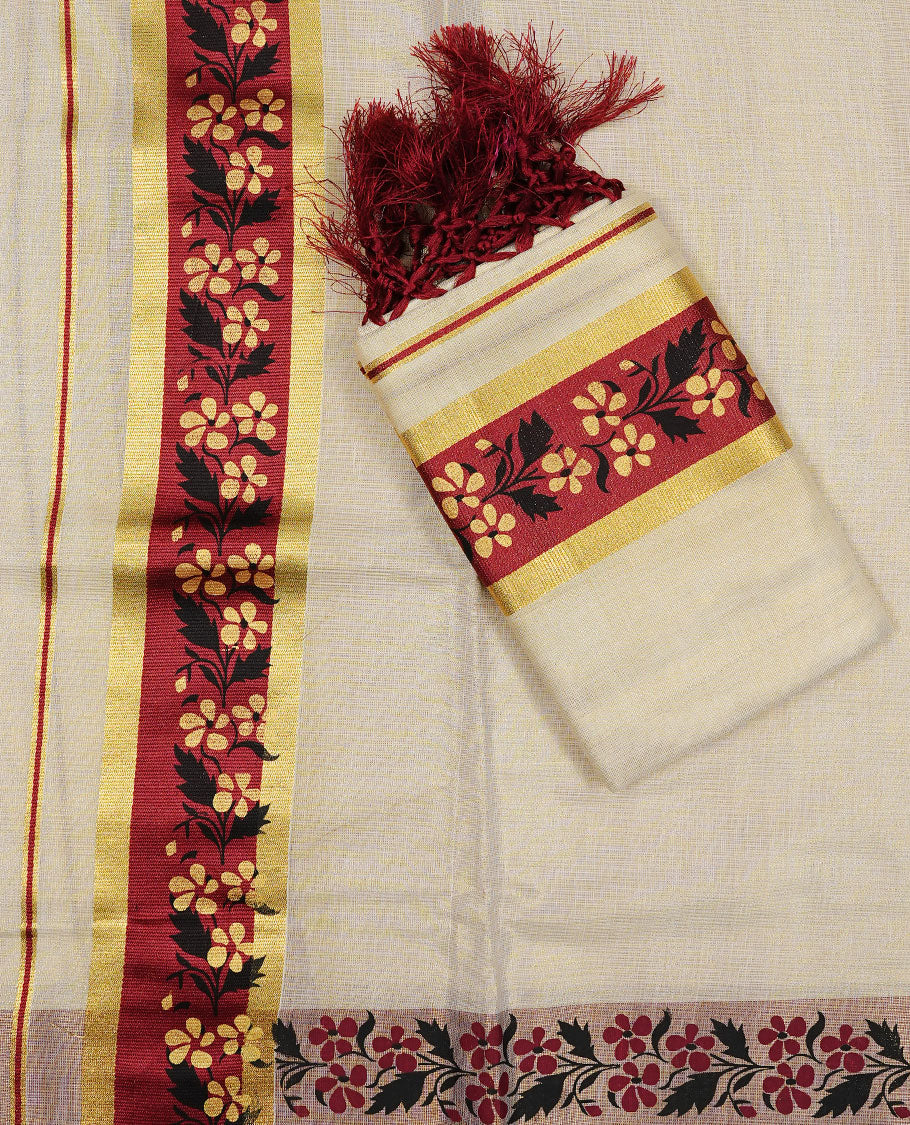 Golden colour Tissue silk set mundu features a plain body accented by a Floral print on gold zari border.