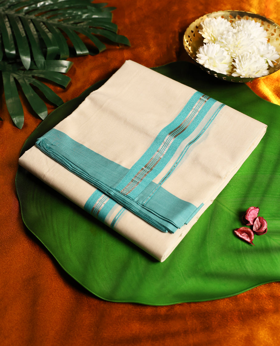 Off white pure cotton double dhoti highlighted with an elegant aqua blue and golden zari border, blending comfort and tradition, perfect for festive occasions, rituals, and cultural gatherings.