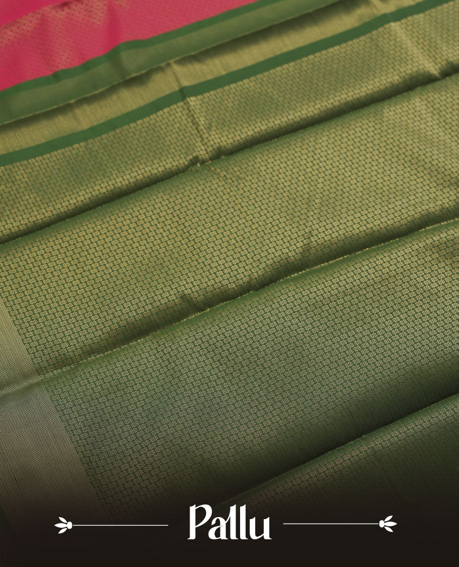 Maroon colour semi silk saree featuring neem zari Brocade Pattern all over the body, complemented by a Self Colour woven border with detailing with contrast green Colour Pallu & blouse.