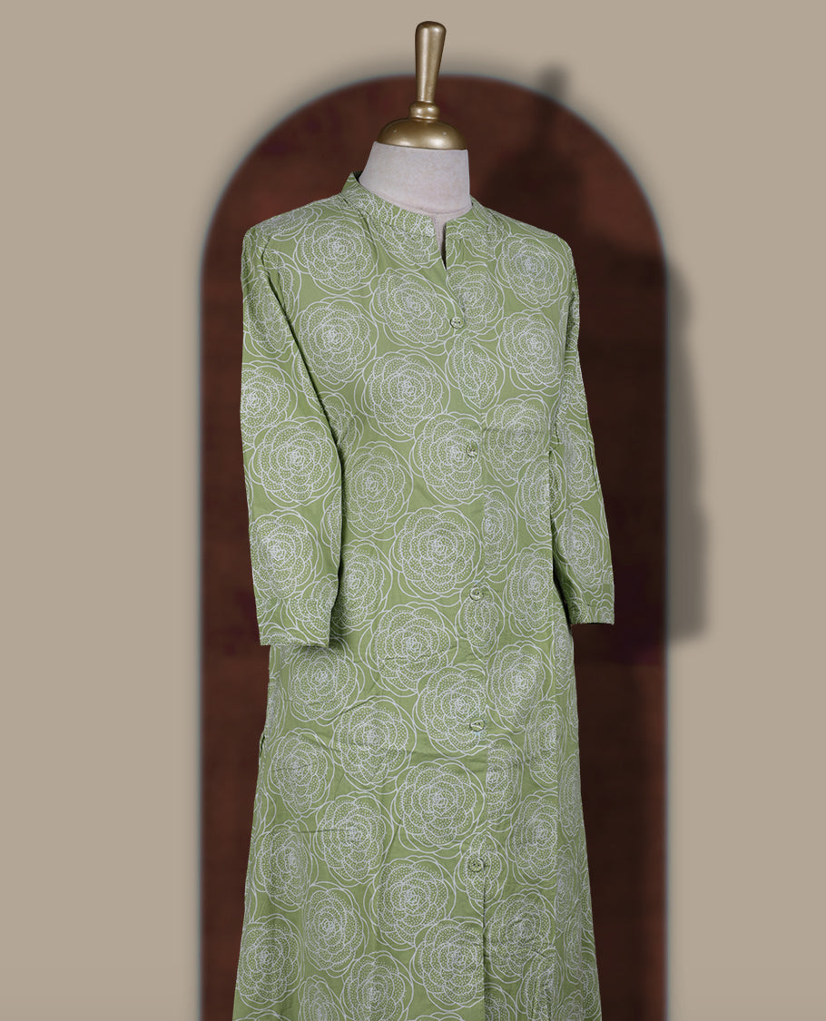 Pista green colour coord set featuring elegant floral prints all over, mandarin collar, and sheer 3/4 sleeves, Paired with matching pants, it offers a sleek, modern look perfect for refined casual wear.