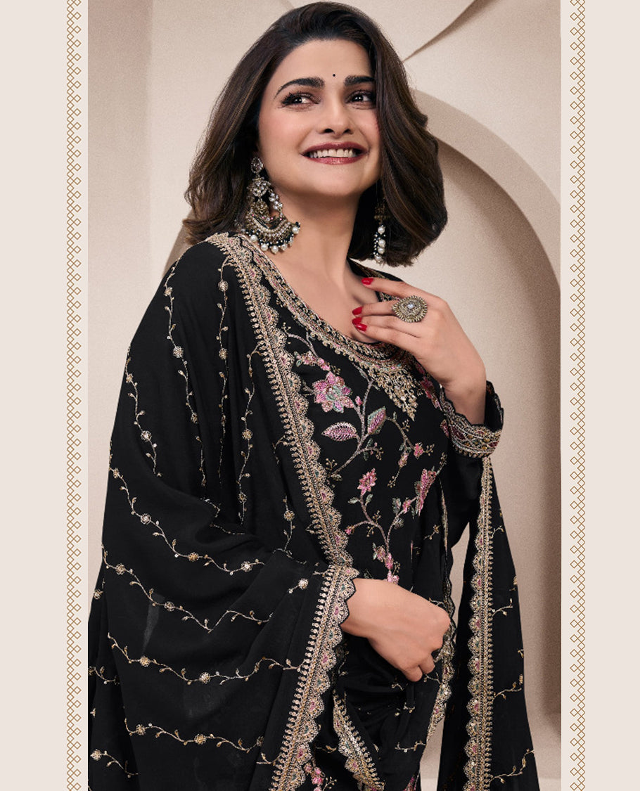 Black, Chinon set featuring multi-thread embroidery with handworked top, sharara bottom, and matching dupatta