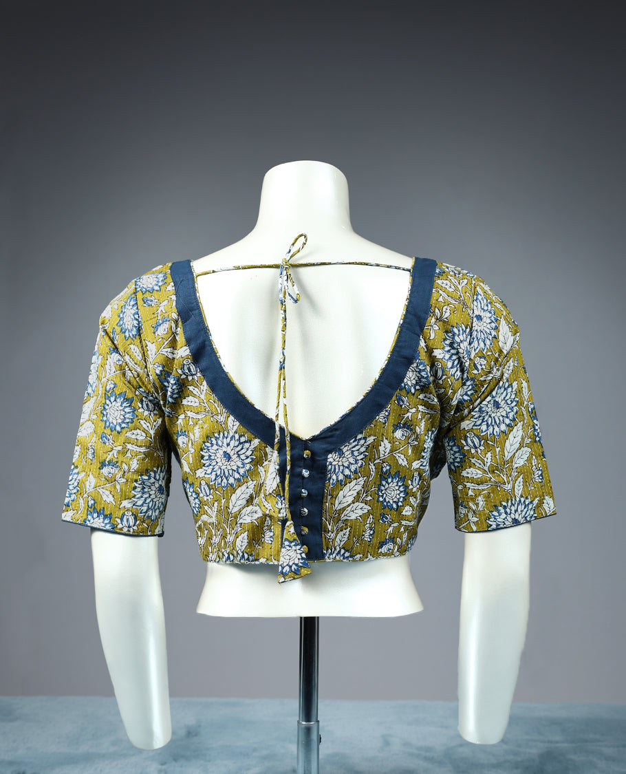 Mung Bean Colour Flower Print, Curved V Neck, 2/4th Sleeves, Padded, Ready Made Blouse.