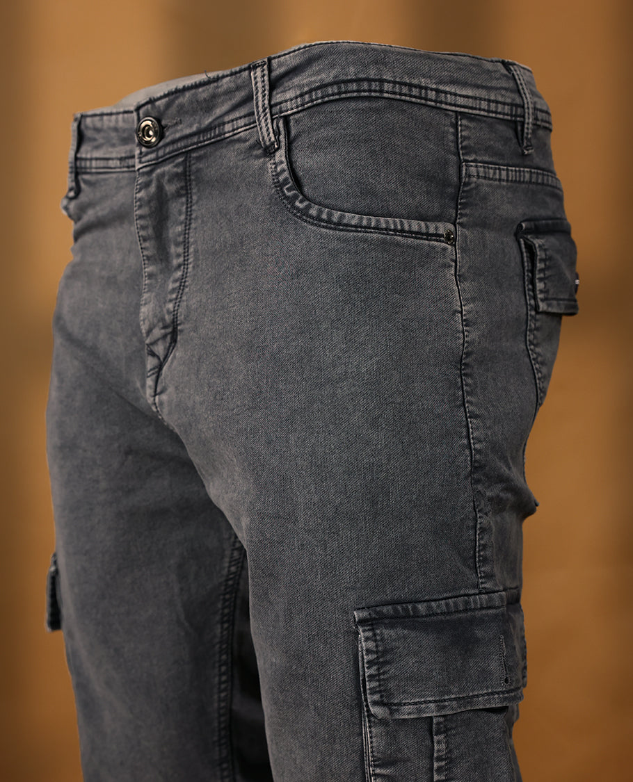 Faded black colour High Quality HMN JNS Denim baggy cargo round pocket for men.