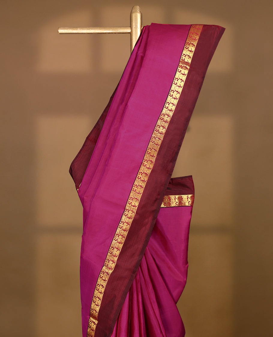 Dark Pink Colour Pure Kancheepuram Traditional Silk Saree having Plain Body with Contrast Border and Blouse