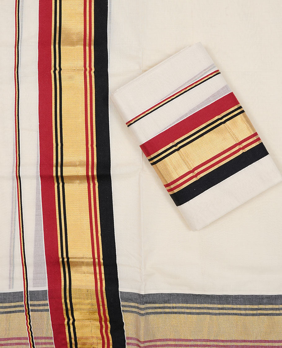 Off white colour cotton Set Mund featuring a plain body, enhanced by a Red, Black, gold zari border.
