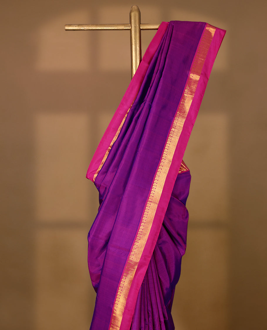 Double Shade Purple Colour Pure Kancheepuram Traditional Silk Saree having Plain Body with Contrast Border and Blouse