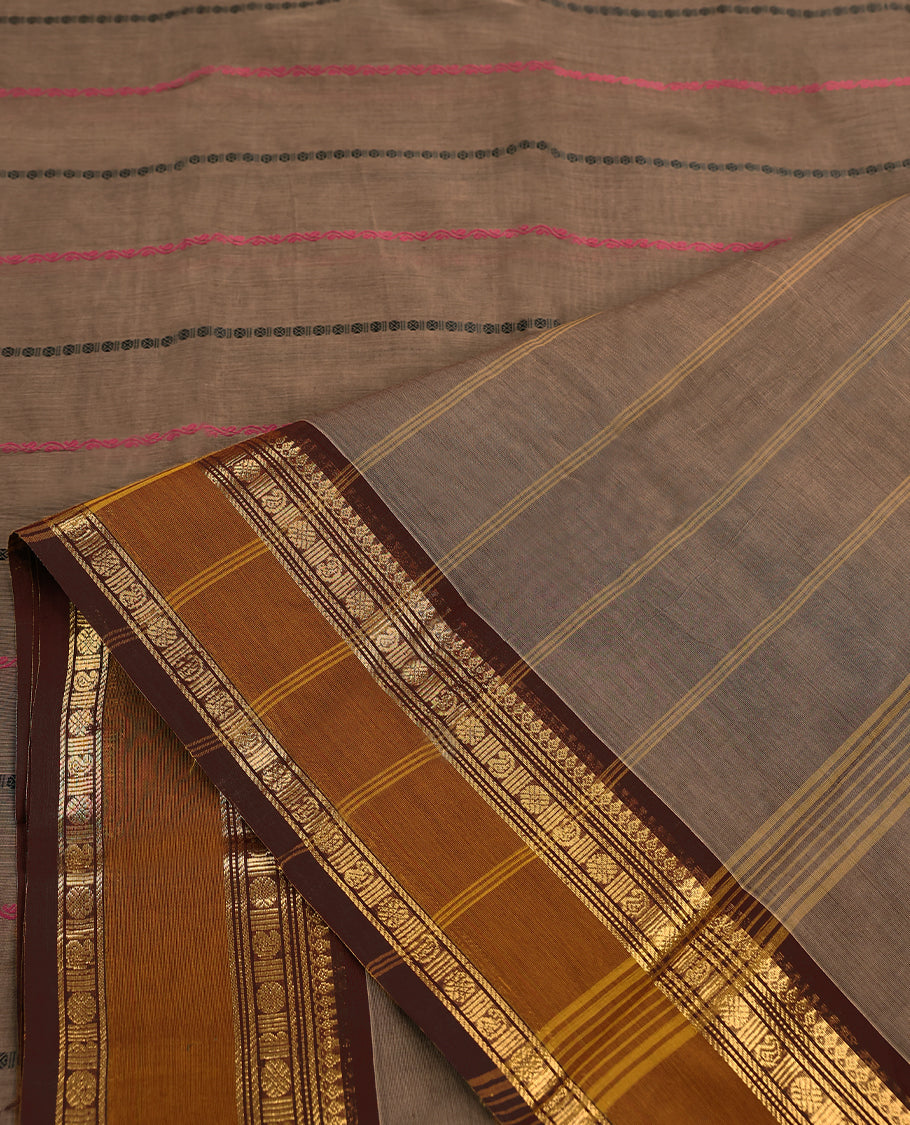 Light Brown Colour Mixed Chettinad Cotton Saree having Thread Worked Body with Contrast Border and Self Coloured Blouse
