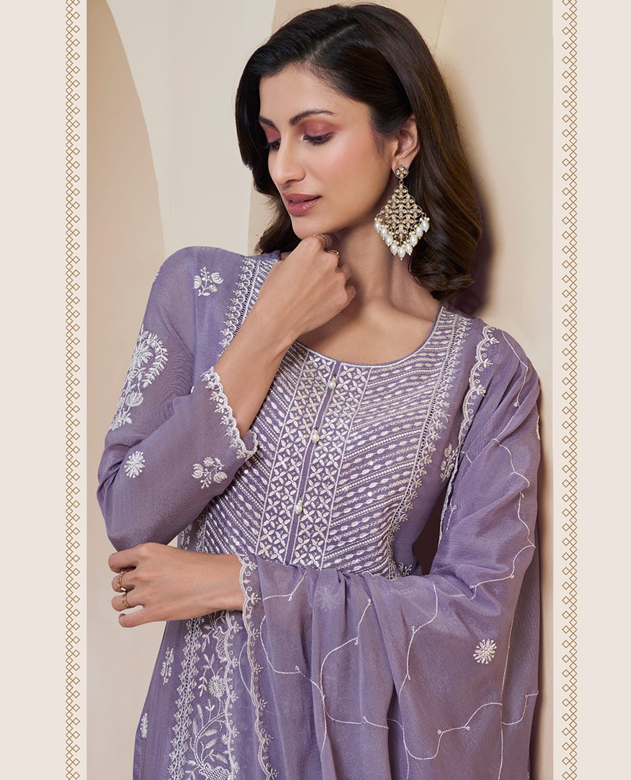 Pastel Lilac, Thread embroidered Chinon top and dupatta paired with a comfortable Santoon bottom