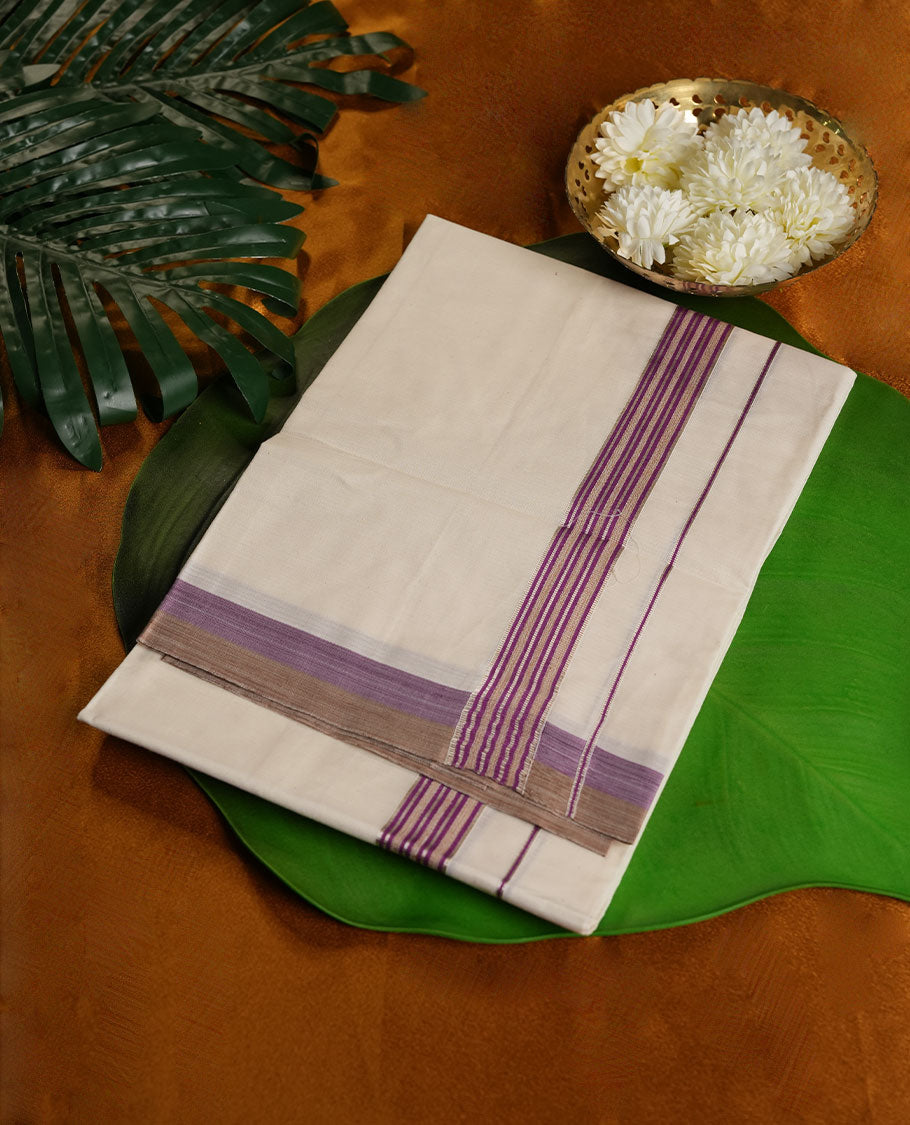 Cream Colour Pure Cotton single Dhoti with Purple Colour Border for Men