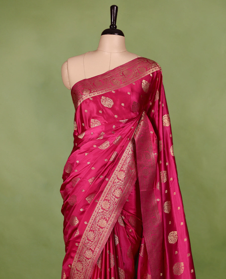 Pink Colour Semi Banarasi Saree having Golden Buttas in Body with Worked Border and Blouse