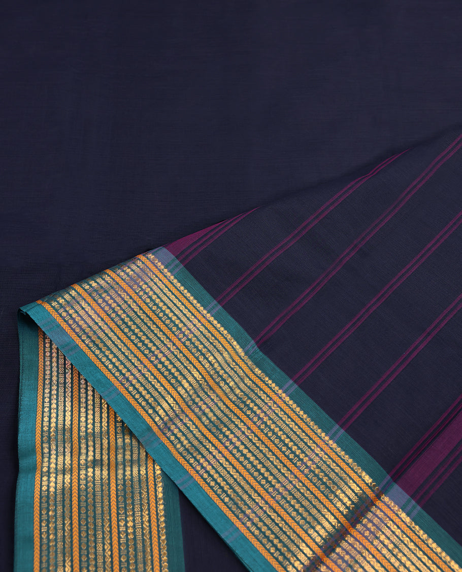 Dark Blue Colour Mixed Chettinad Cotton Saree having plain Body with Ganga Jamuna Border and Self Coloured Blouse