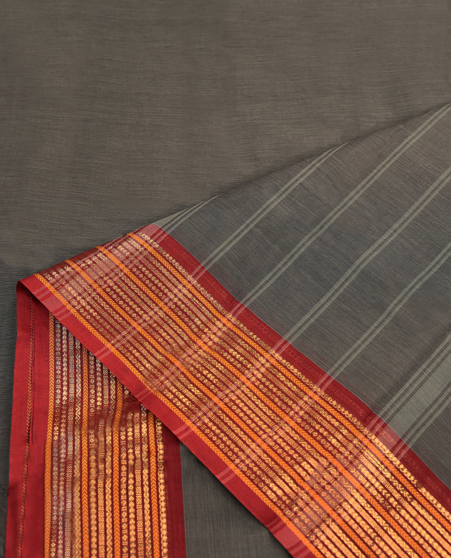 Grey Colour Mixed Chettinad Cotton Saree having plain Body with Ganga Jamuna Border and Self Coloured Blouse