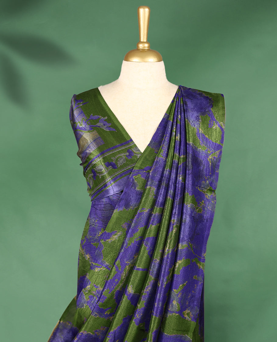 Purple colour Manipuri saree with bold green abstract patterns, without border, and comes with a matching blouse.
