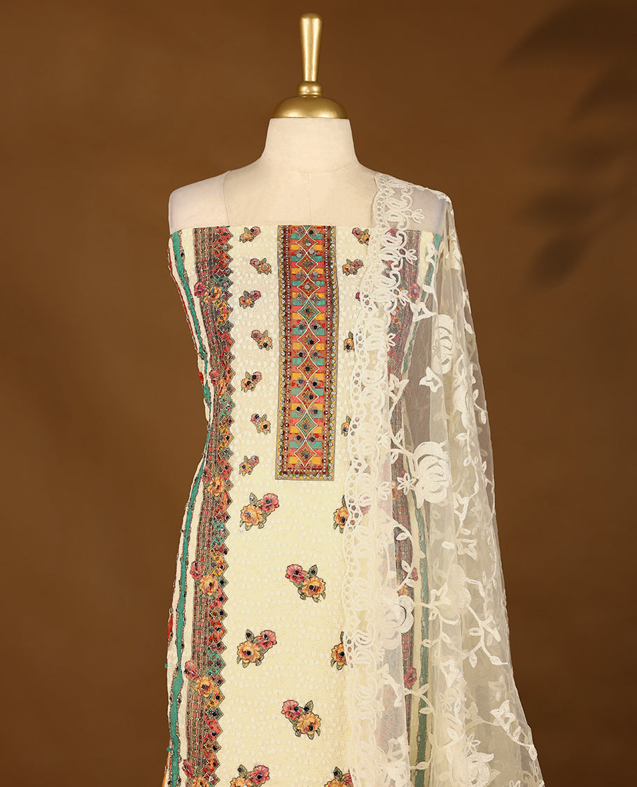 Cream Colour, Mirror Worked Top having Multi Colour Prints & Green Border with Bottom and Thread Worked Dupatta