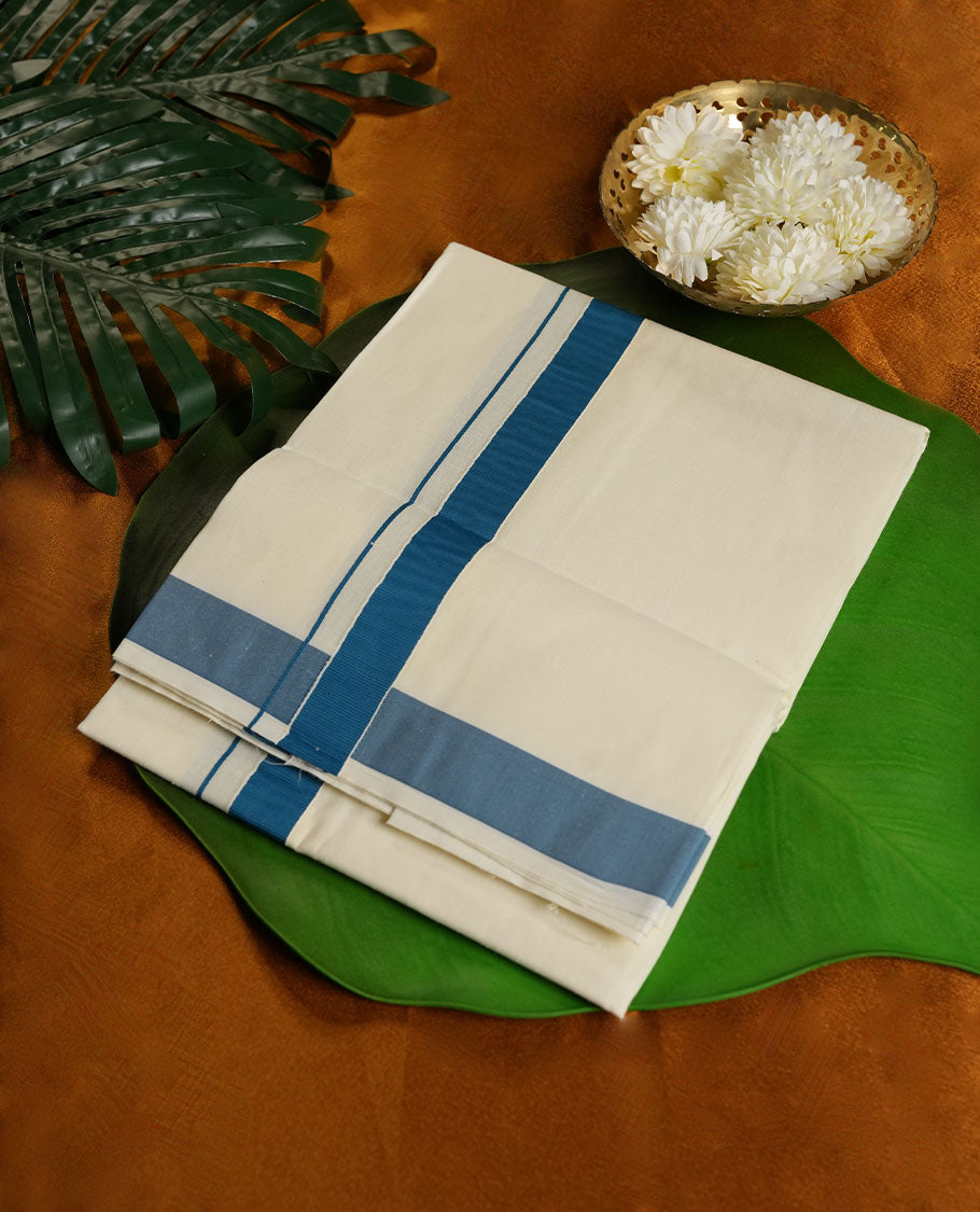 White Colour Pure Cotton single Dhoti with dark teal Colour Border for Men