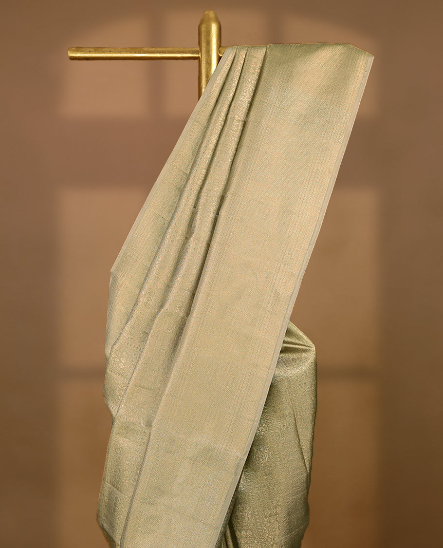 Pastel Elaichi Green Colour Kancheepuram Silk Saree having Zari Worked Body with Brocade Border and Self Coloured Blouse