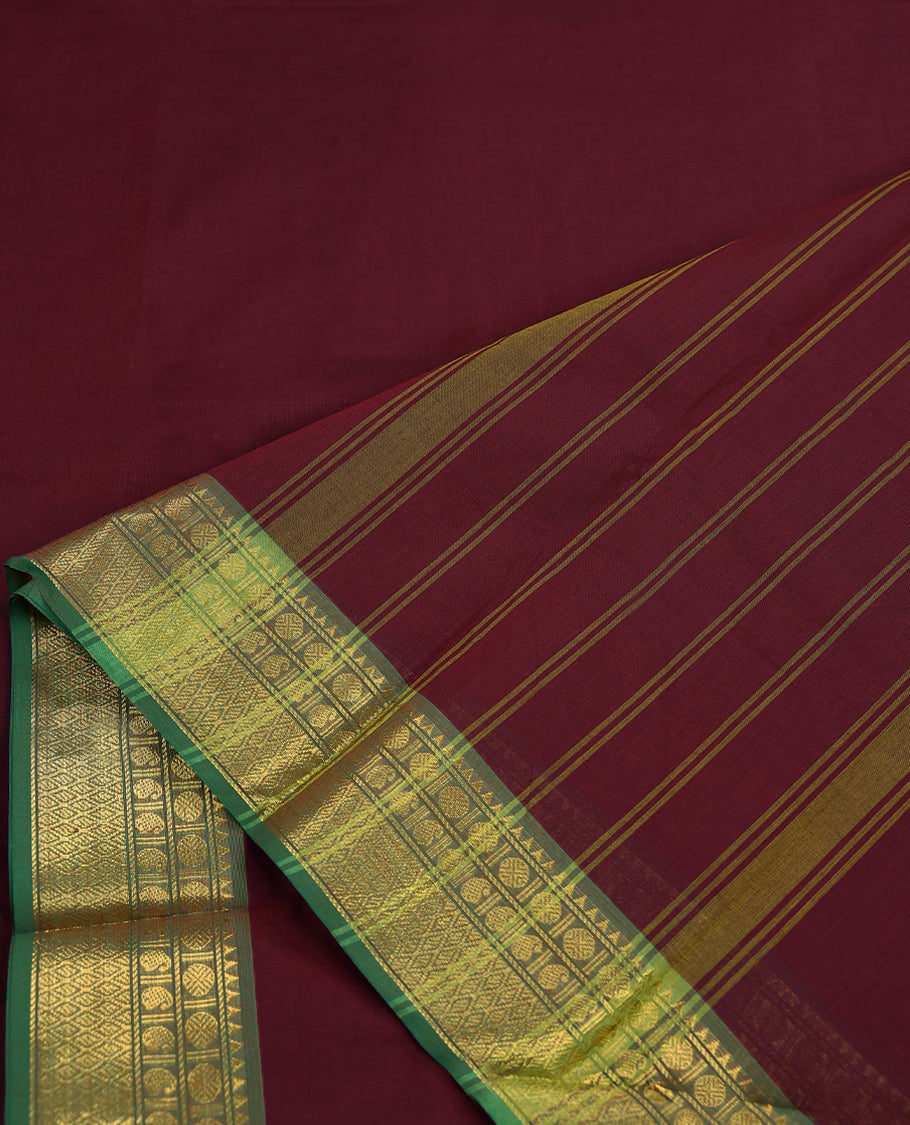 Maroon Colour Mixed Chettinad Cotton Saree having plain Body with Contrast Border and Self Coloured Blouse
