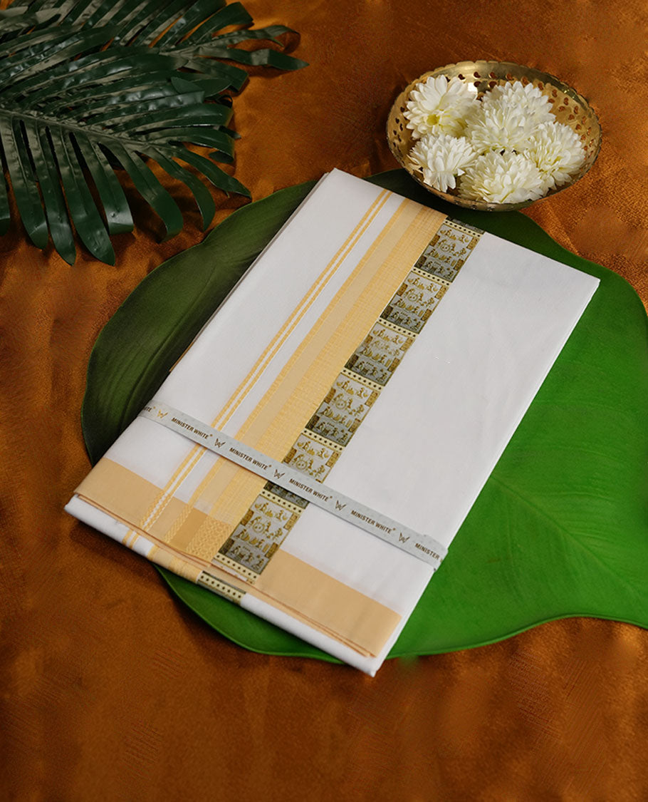 White Colour Minister White Pure Cotton single Dhoti with Cream Colour and printed design Border for Men