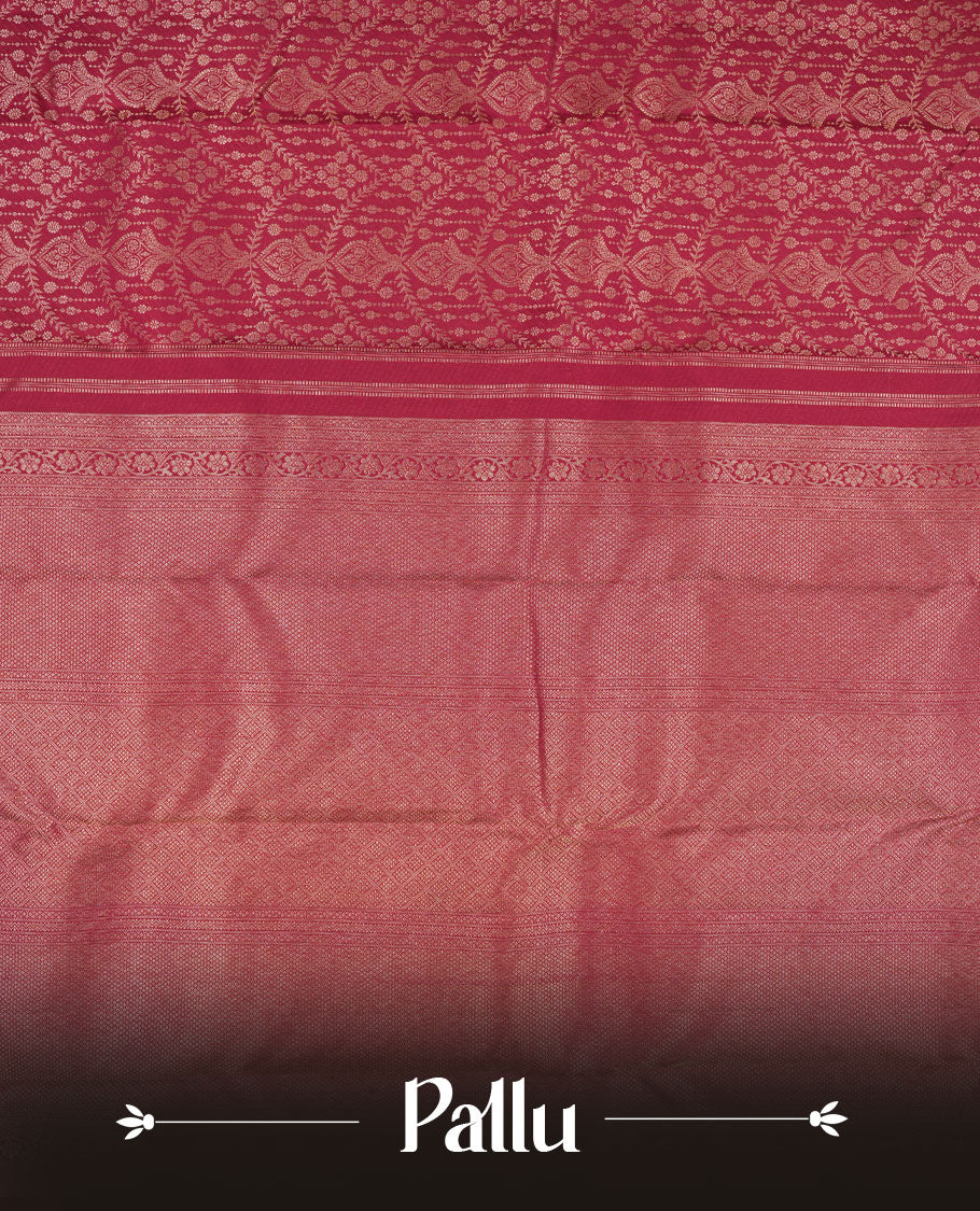 Dark Maroon colour Kanchipuram pattern Manthrakodi saree featuring geometric antique zari jacquard pattern, self turning border and zari jaquard blouse piece.