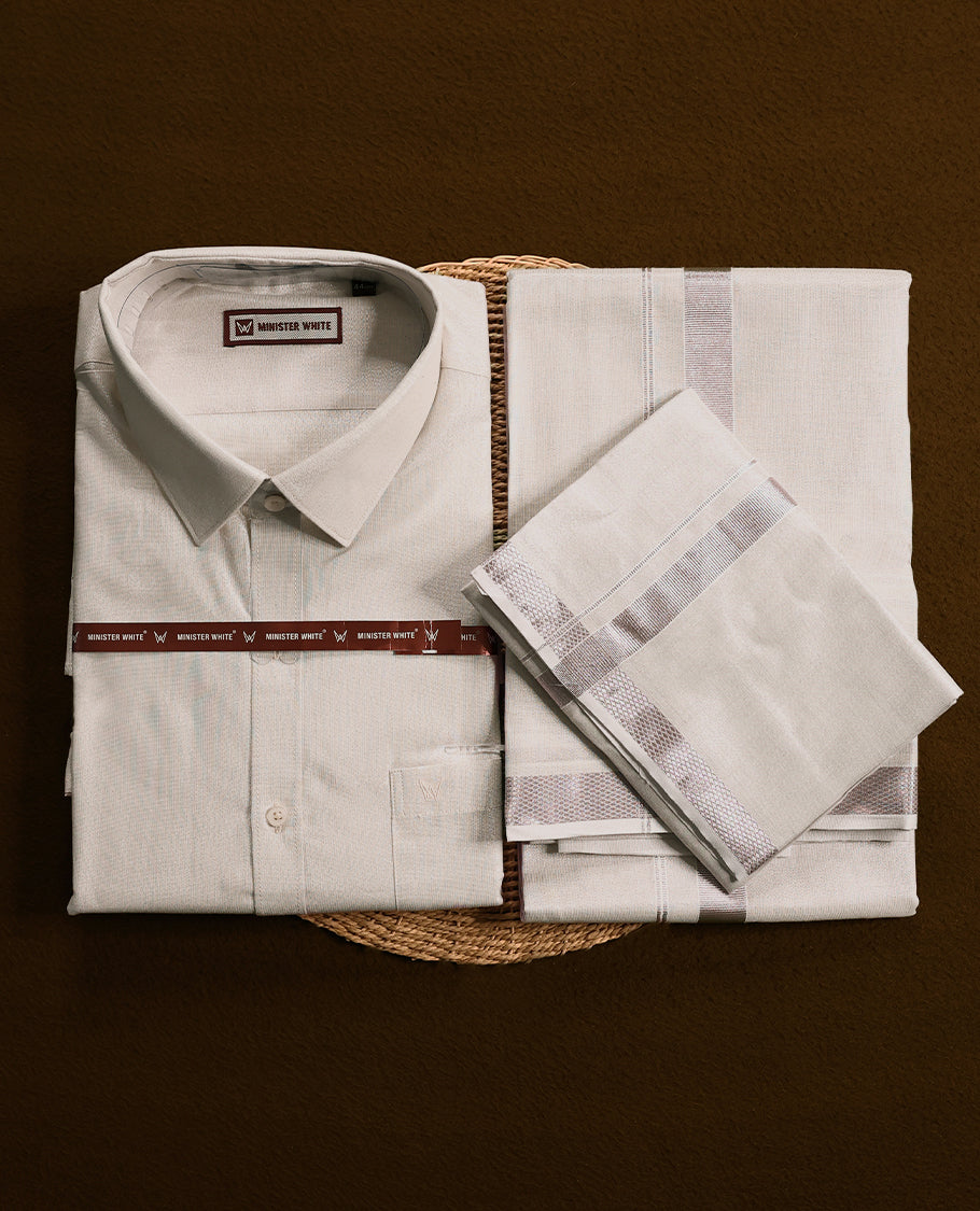 Silver tissue wedding shirt and dhoti set from MINISTER WHITE, adorned with a matching silver zari border.
