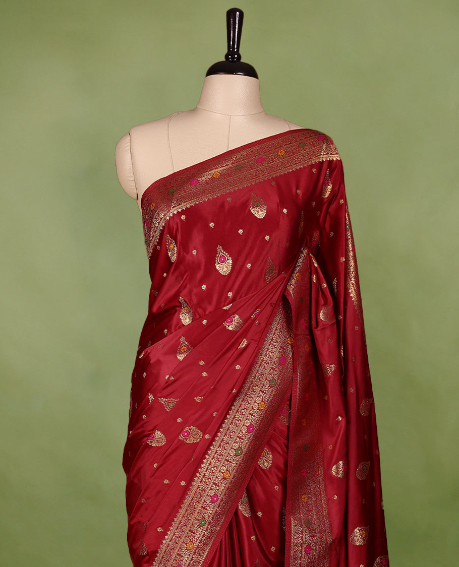 Dark Red Colour Semi Banarasi Saree having Golden Buttas in Body with Worked Border and Blouse