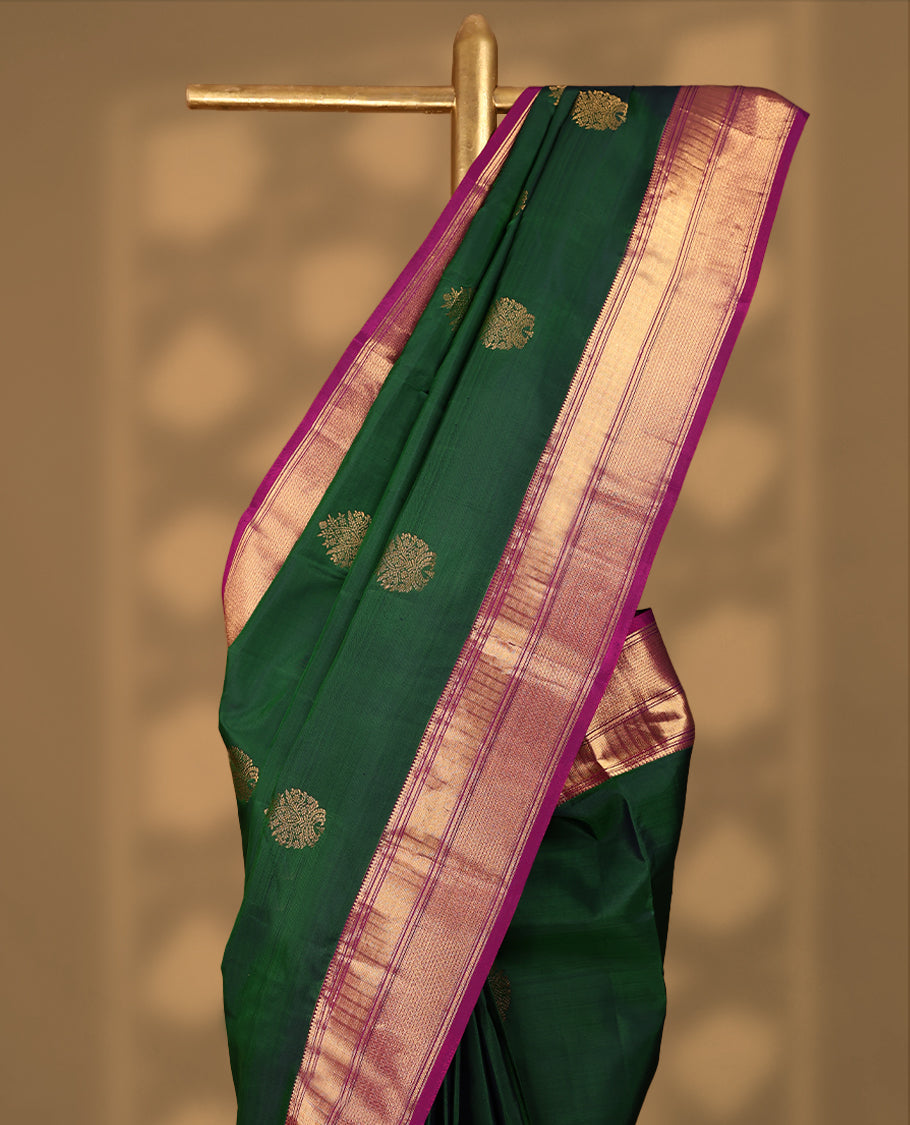 Bottle Green Colour Vasundhara Silk Saree having Golden Thread Buttas in Body with Contrast Border and Blouse