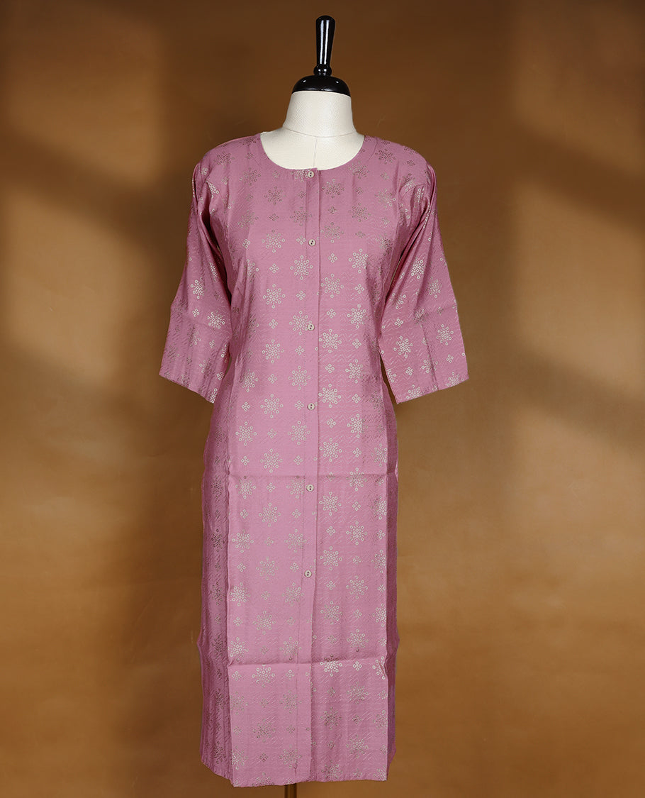 Dusty rose pink colour kurti from TWARA, featuring intricate golden foil print in a geometric floral pattern, finished with a round neckline and a button-down front placket.
