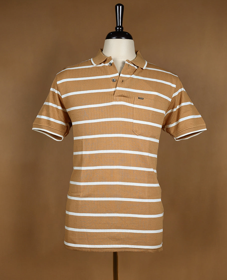 Biscuit with White Striped BRANDMOVER Half Sleeve T-Shirt for Men