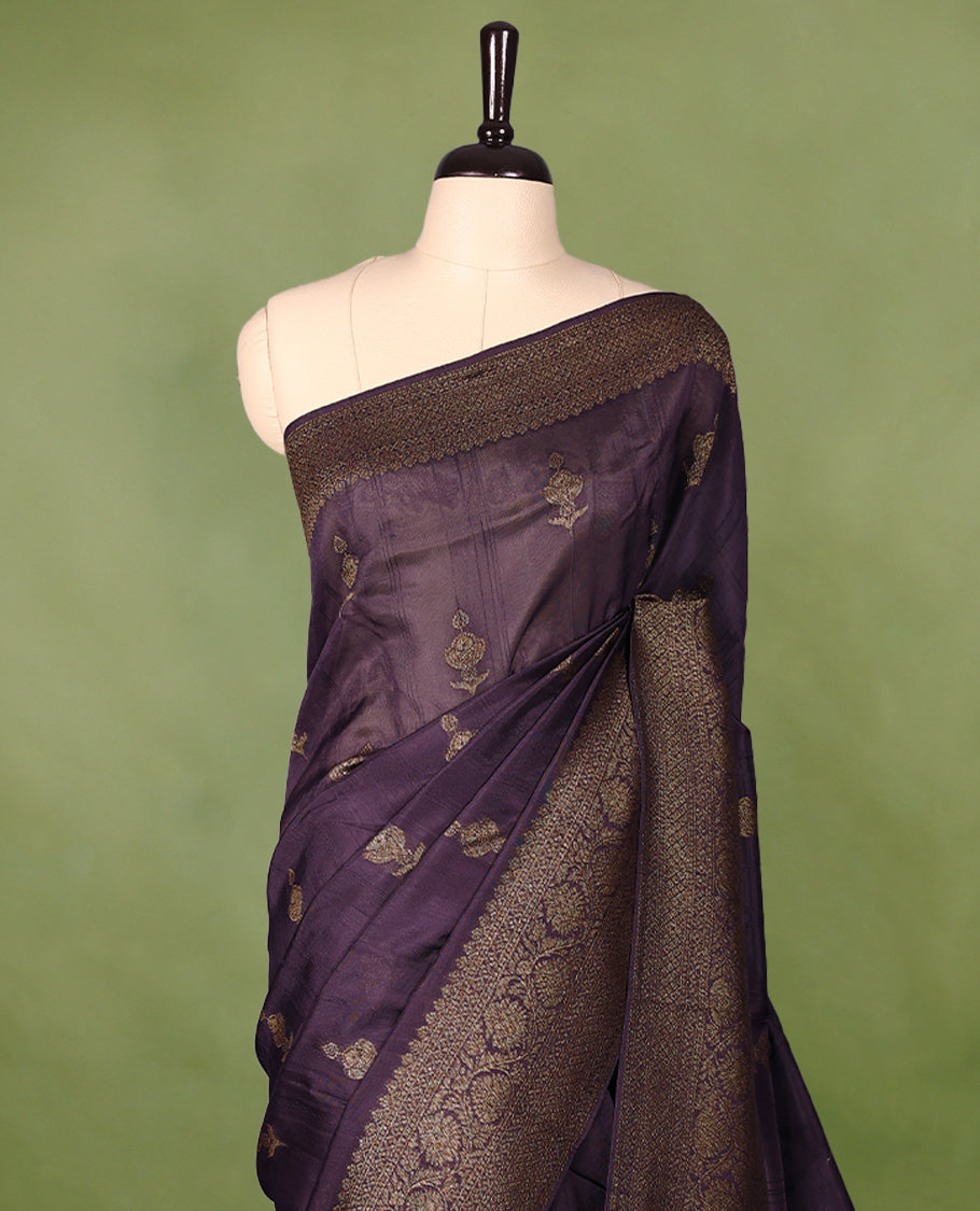 Black Currant semi-Banaras tussar georgette saree embellished with antique zari motifs across the body, complemented by a rich heritage Banaras border and paired with a matching blouse.