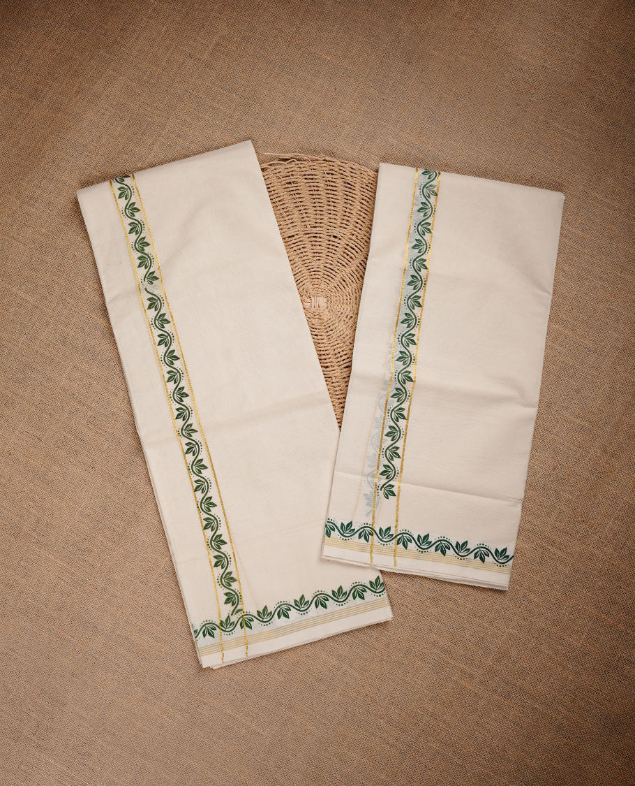 Cream colour cotton set mundu highlighting gold zari border with green colour floral print