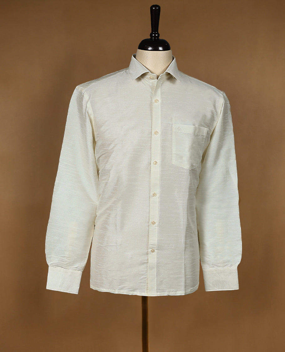Off White colour DH men's shirt crafted from semi silk fabric, featuring a smooth glossy finish, classic collar, full sleeves, and a chest pocket perfect for festive and traditional wear.