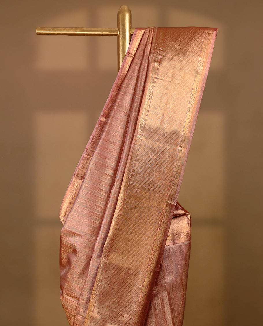 Gold & Red Colour Tissue Silk Saree having Zari Worked Body with Golden Border and Golden Red Blouse